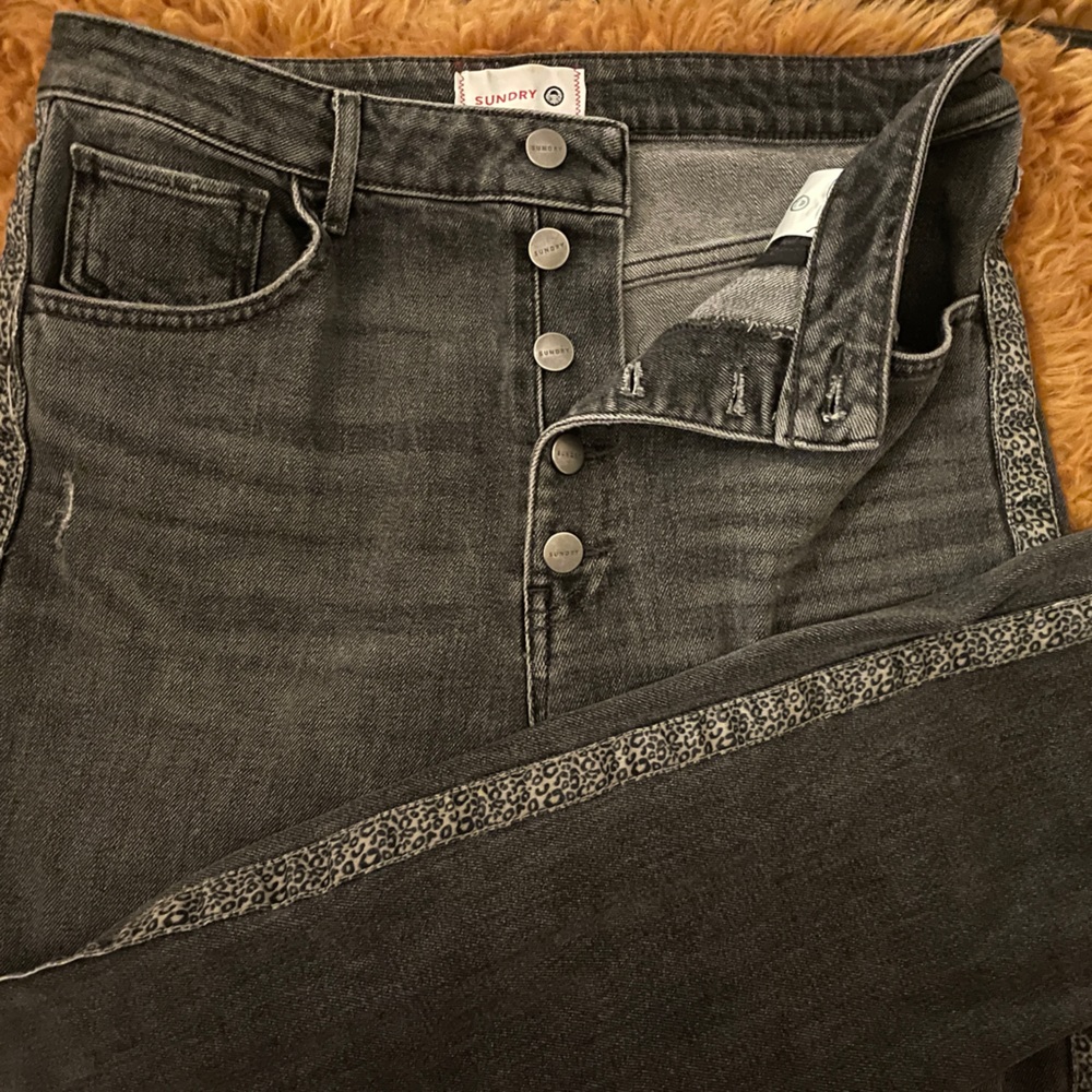 Anthropologie Black Denim Jeans with Black and White Cheetah Print Down the Side
